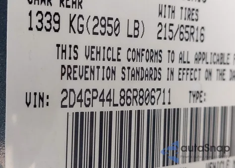 2006 Dodge Grand Caravan Sxt z USA, uszkodzony, nr VIN 2D4GP44L86R806711
